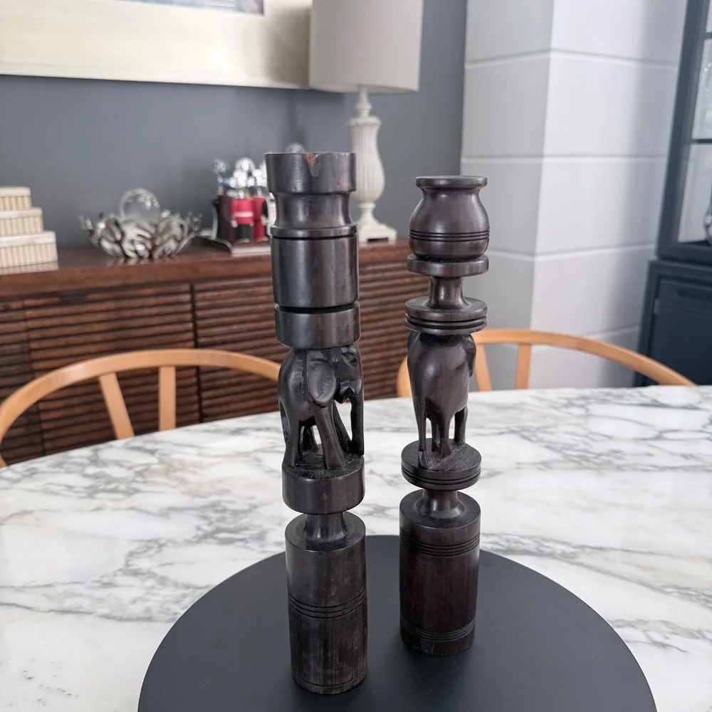 Wood Candlesticks‎ with Elephant, Set of two